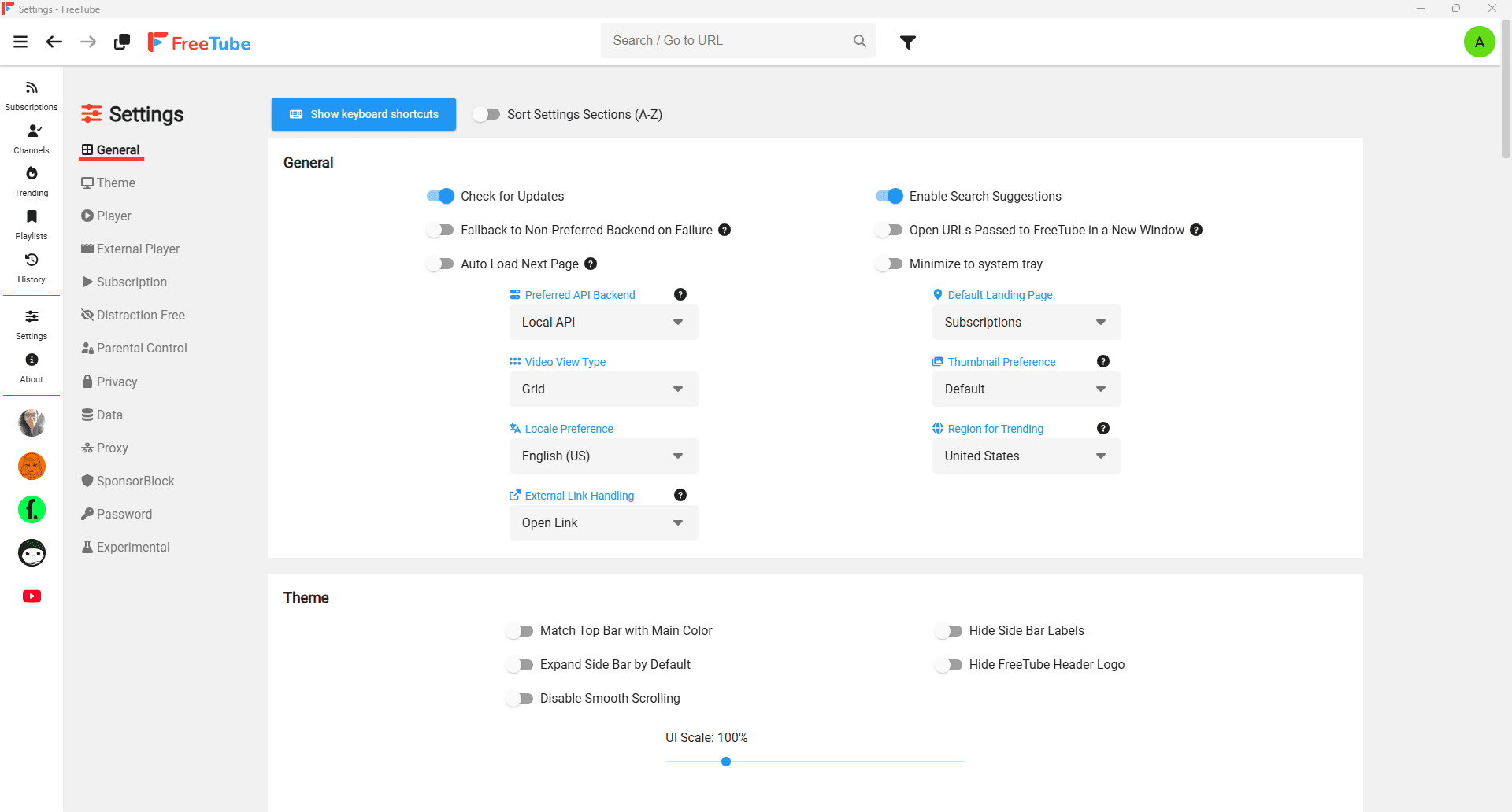 FreeTube settings